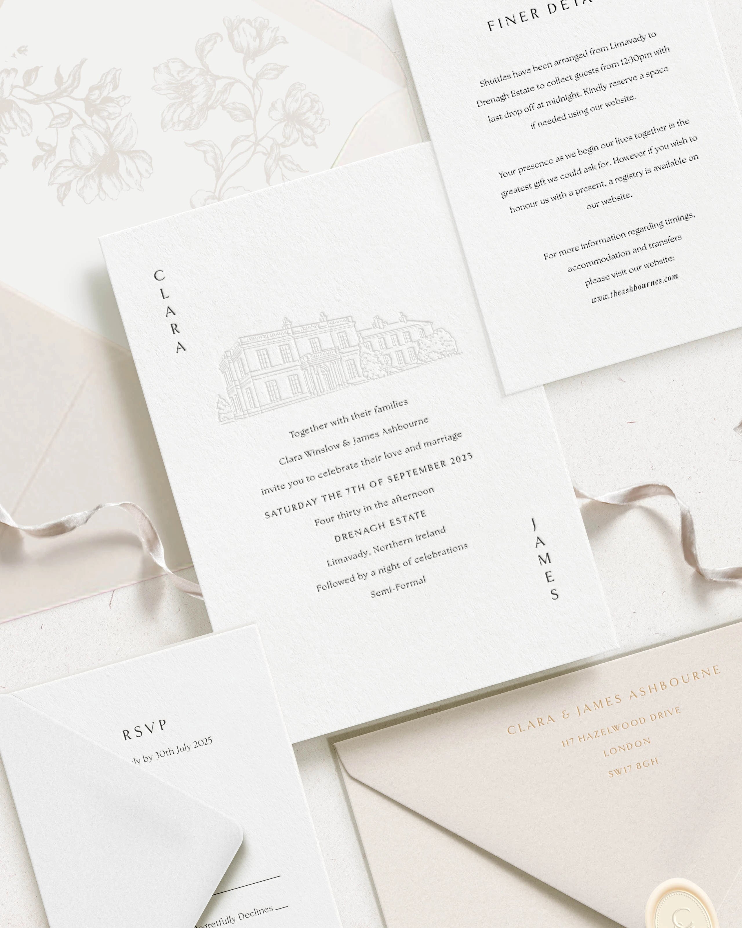 Selene Wedding Invitation Suite, Classic Almond, Letterpressed in Black, Almond envelopes, cream wax seal, floral envelope liner, taupe ribbon.