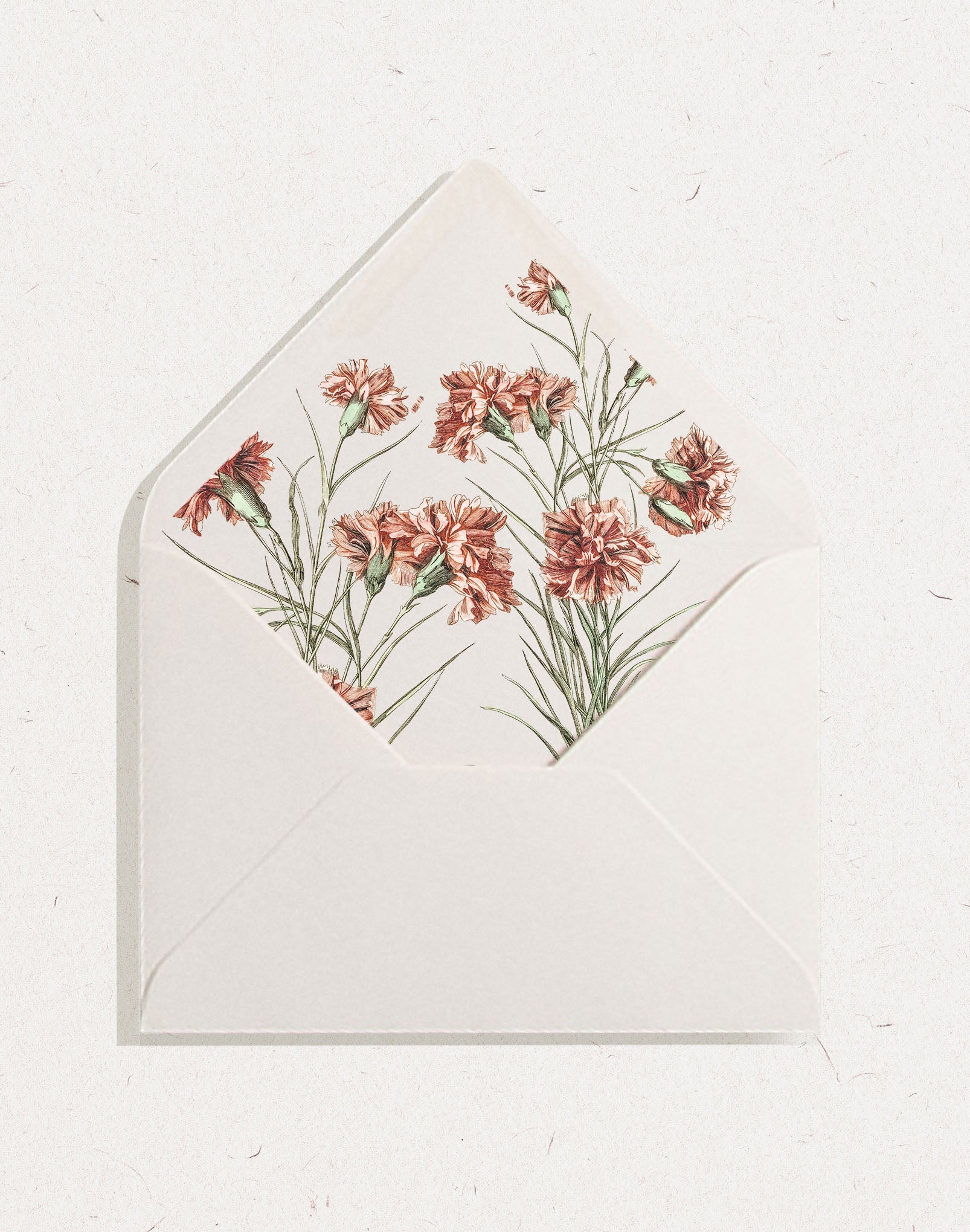 White wedding envelope featuring an envelope liner with vintage red carnations on