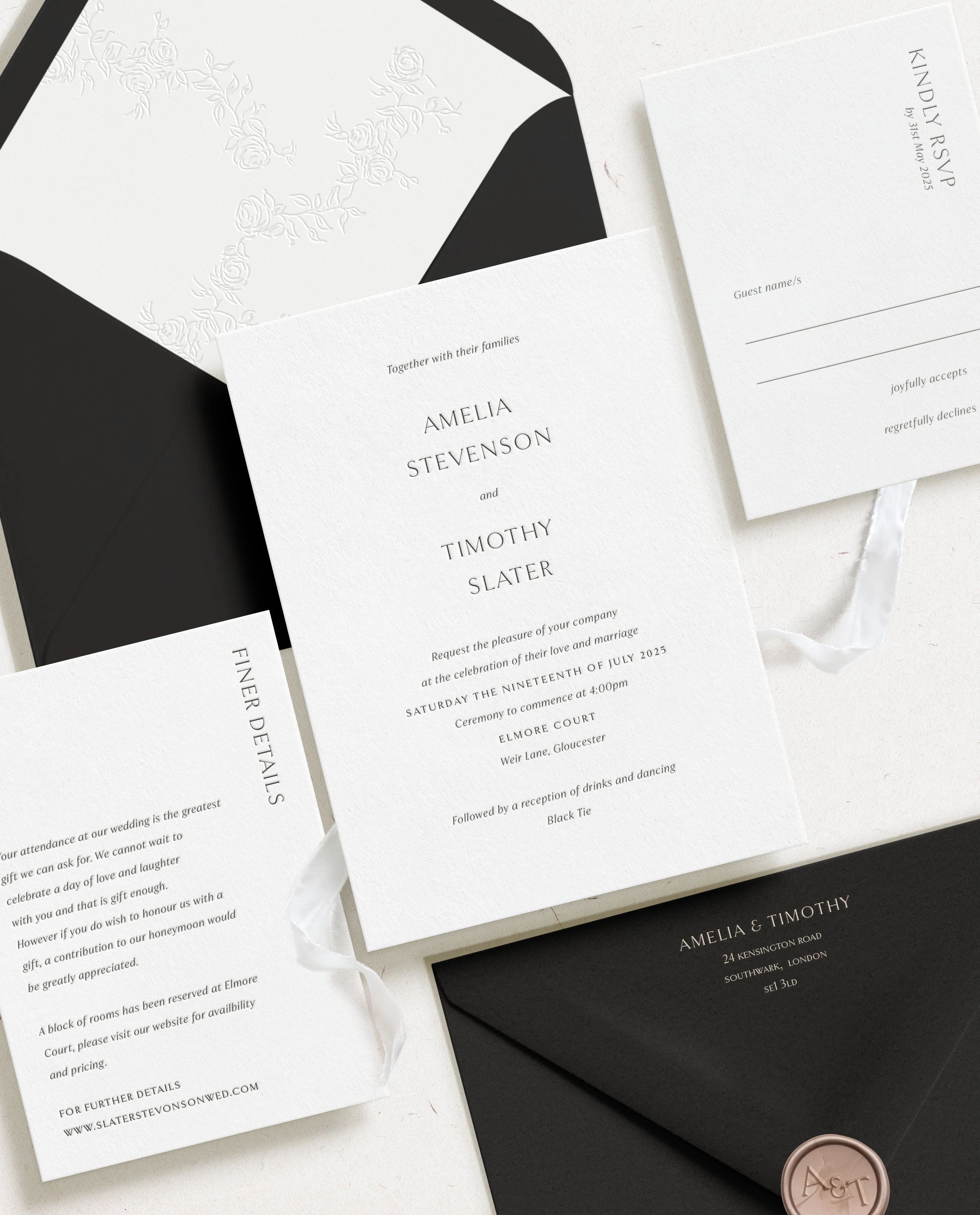 Luxury wedding invitation suite featuring letterpress invitation, details card and rsvp card. Foiled guest addressed envelopes, rose debossed liner and silk ribbon.