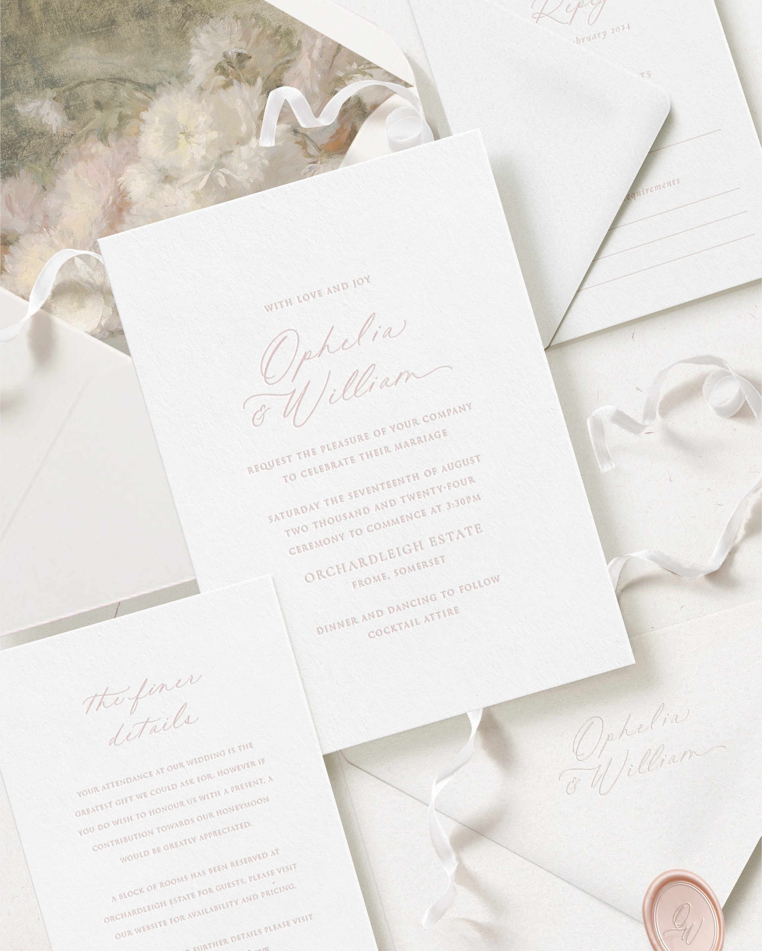 Luxury wedding invitation suite featuring letterpress invitation, details and rsvp card. White envelope with blush wax seal, envelope debossing and white habotai silk ribbon.