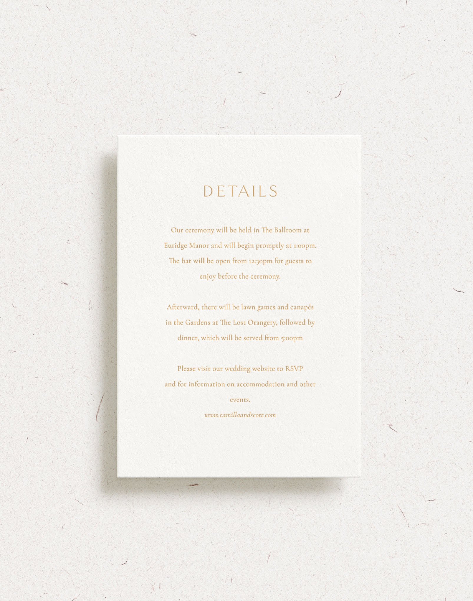 Luxury customisable wedding details card shown with gold foil stamping