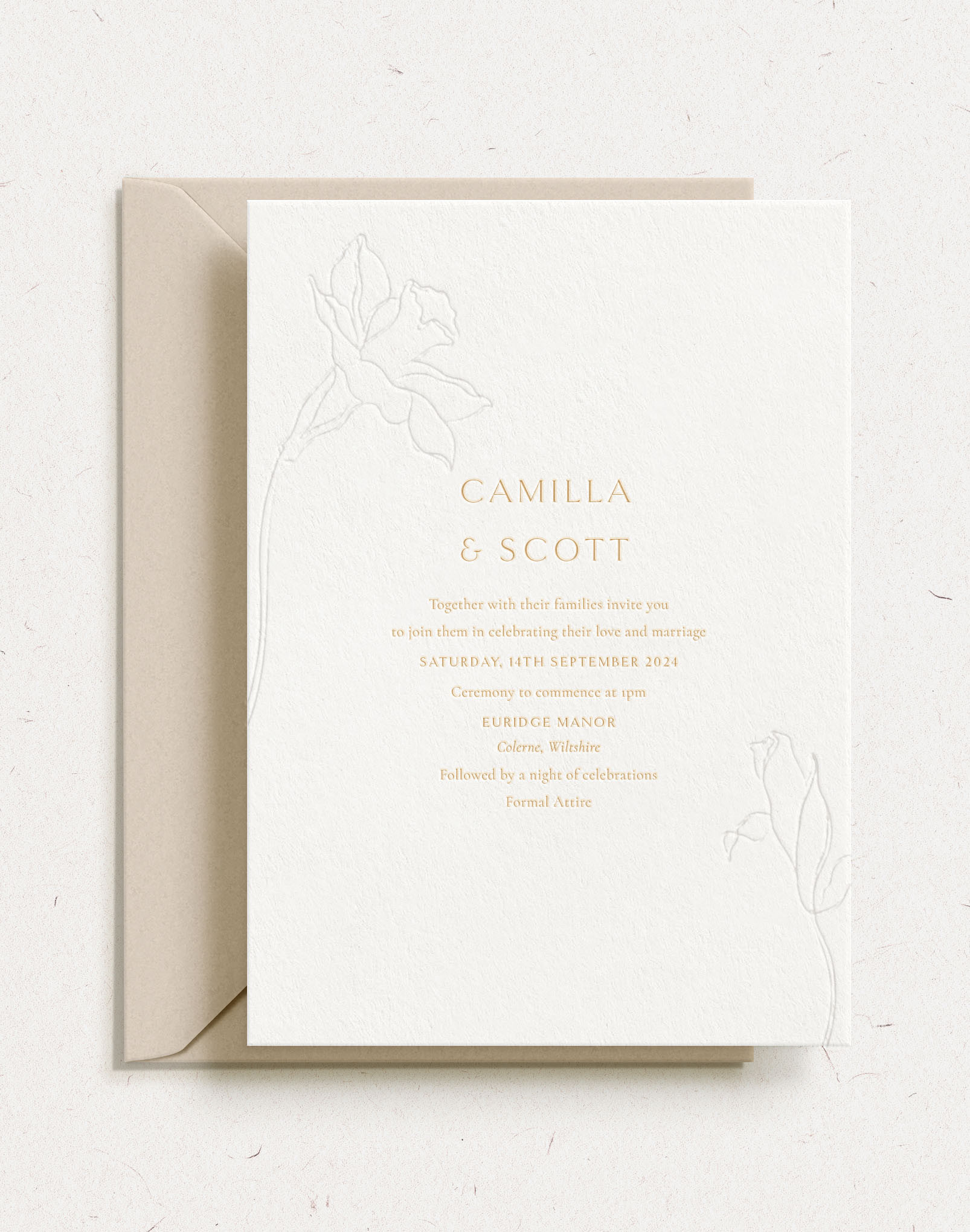 Calliope wedding invitation featuring blind deboss floral motifs, clean modern design, luxury letterpress wedding invitations UK