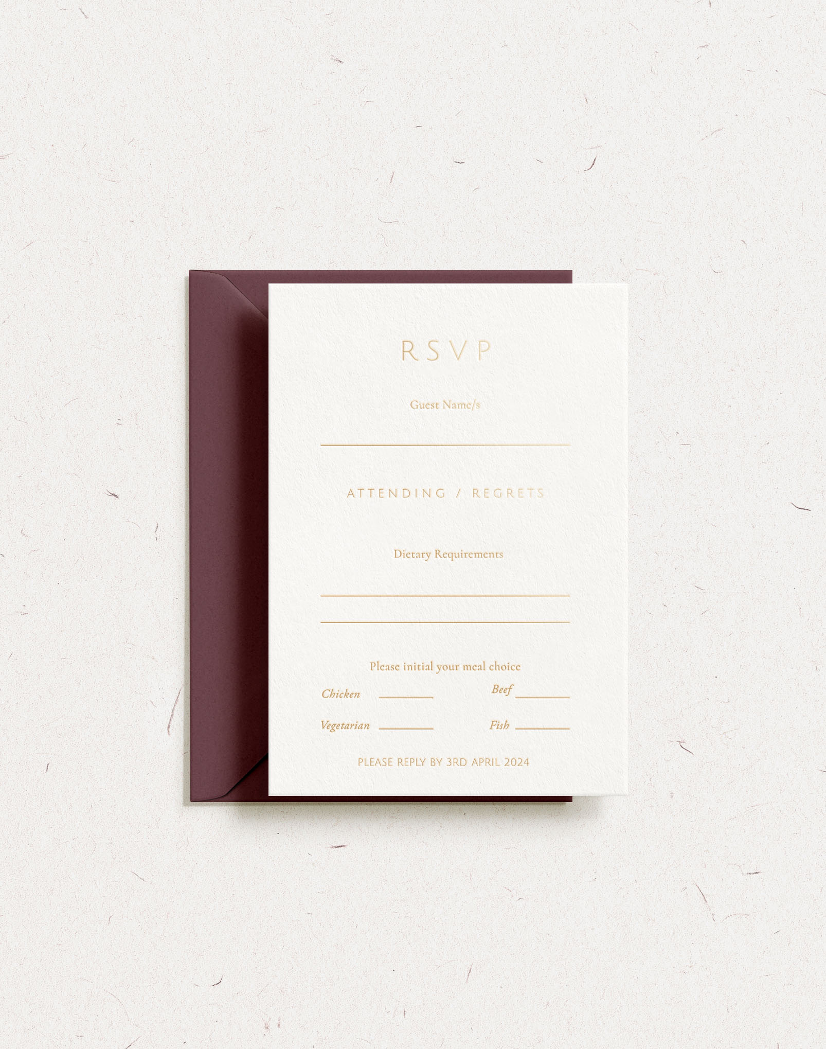 Luxury customisable wedding postal rsvp card shown with gold foil stamping and burgundy envelope