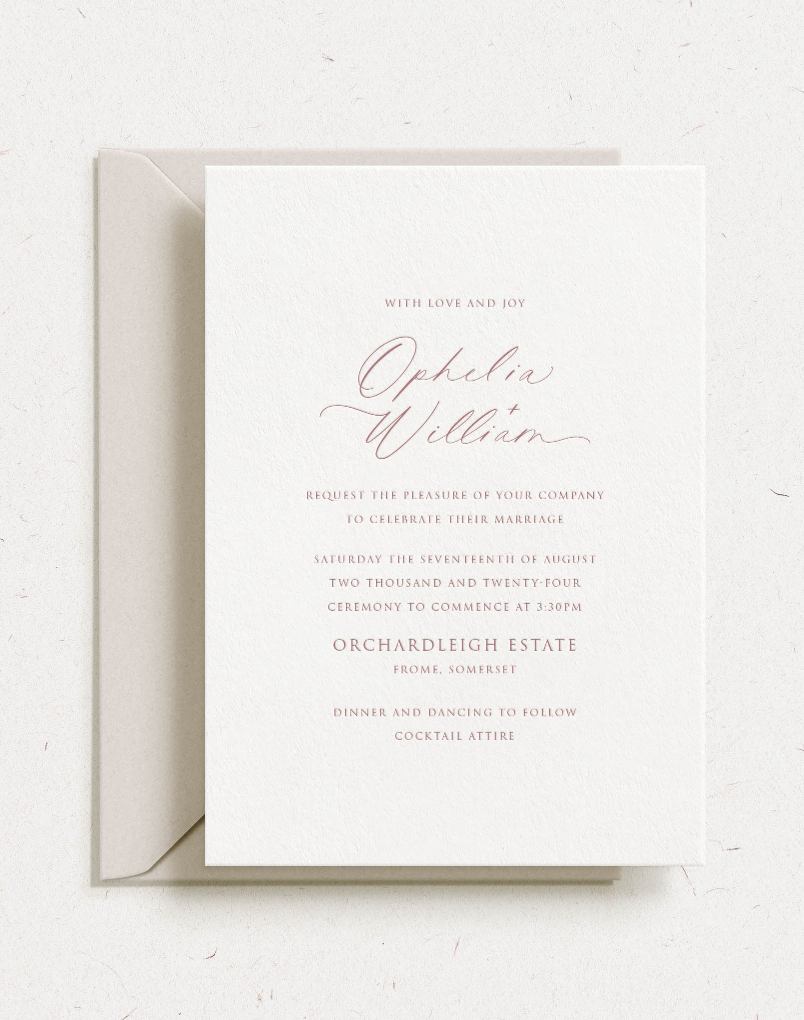Daphne wedding invitation suite combining romantic script and refined serif typography, letterpress and foil printed premium wedding stationery UK