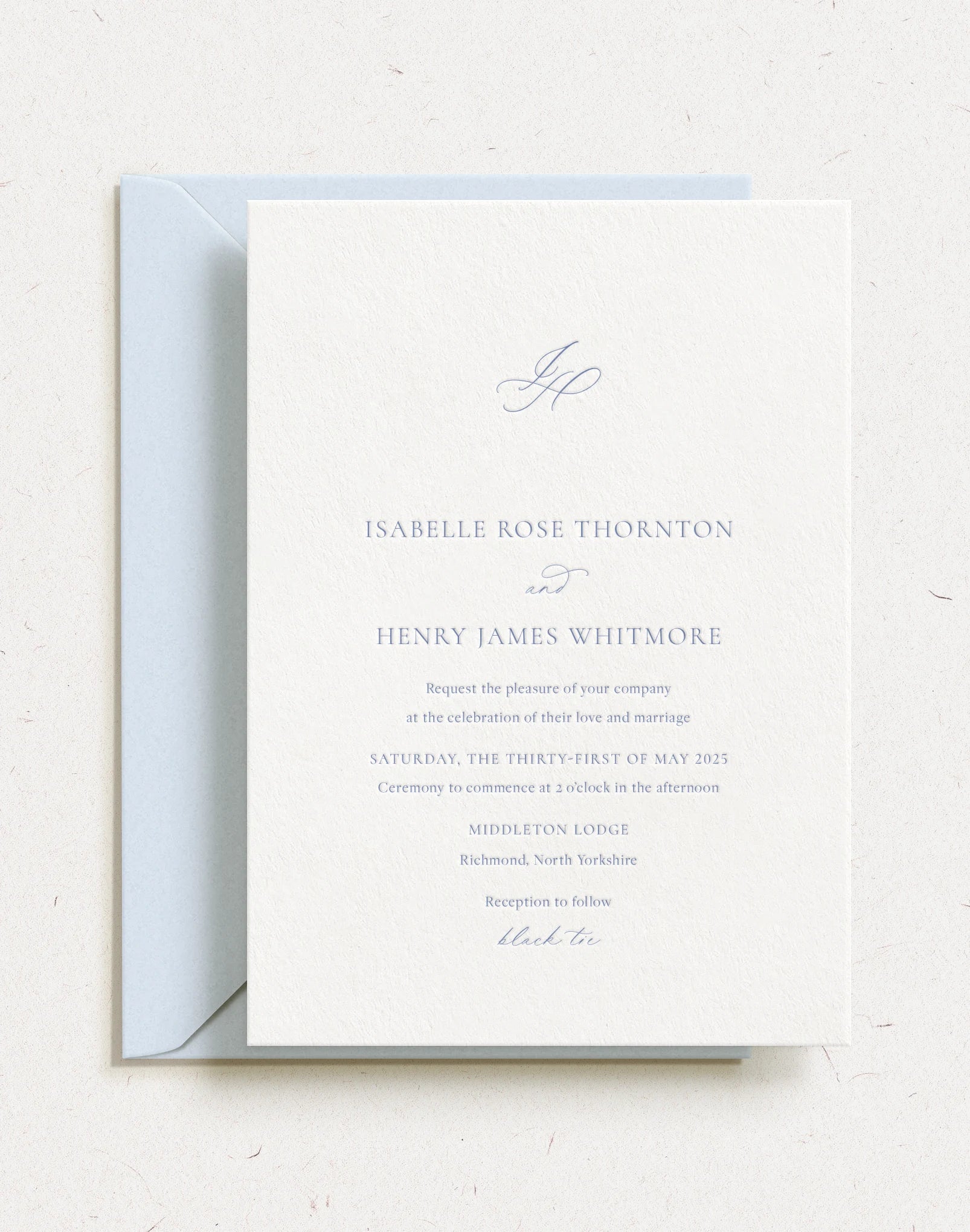 Asteria wedding invitation with personalised monogram and classic design, elegant hot foil and letterpress wedding stationery UK
