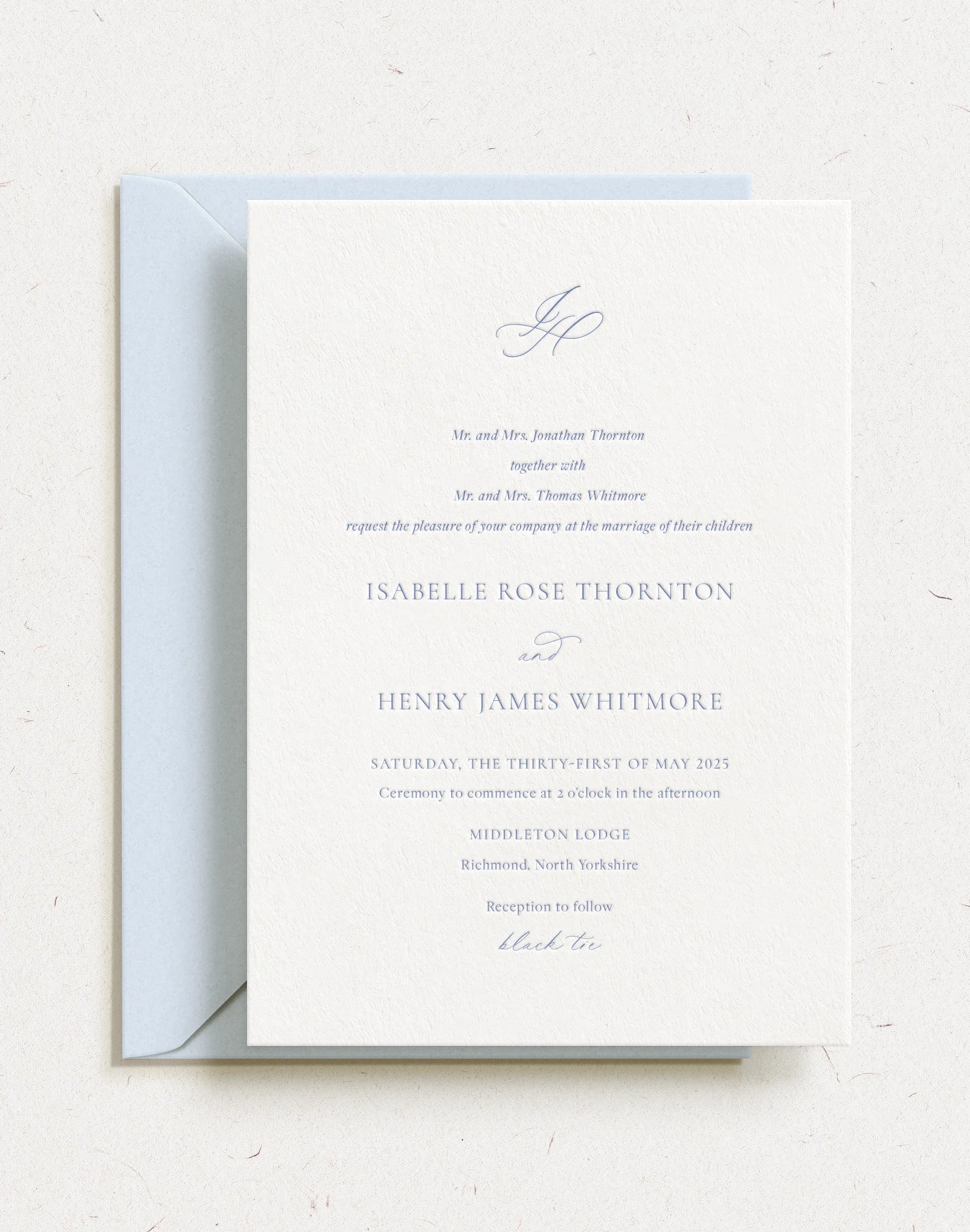 Asteria wedding invitation with personalised monogram and classic design, elegant hot foil and letterpress wedding stationery UK