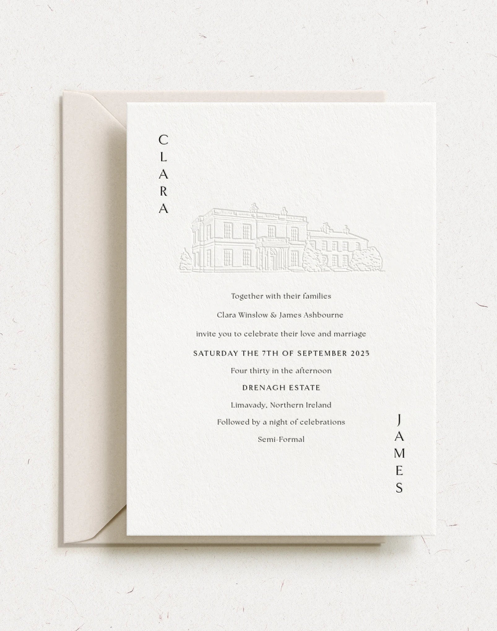 Selene wedding invitation featuring bespoke venue illustration on soft cotton paper, letterpress and hot foil printed luxury wedding stationery UK